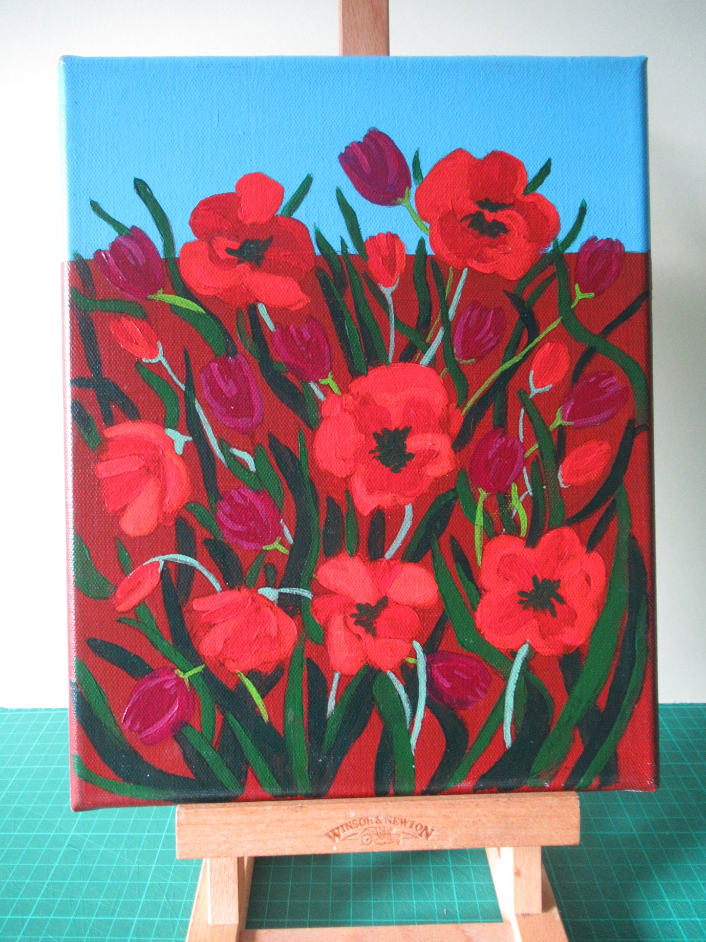 Flower Art. Tulips and Poppies. Field of Flowers. Poppies. Original Acrylic Painting. Eddie Mallon