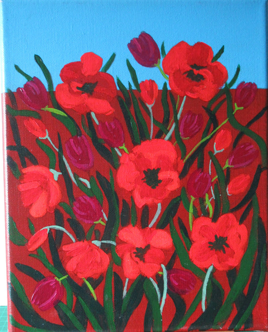 Flower Art. Tulips and Poppies. Field of Flowers. Poppies. Original Acrylic Painting. Eddie Mallon