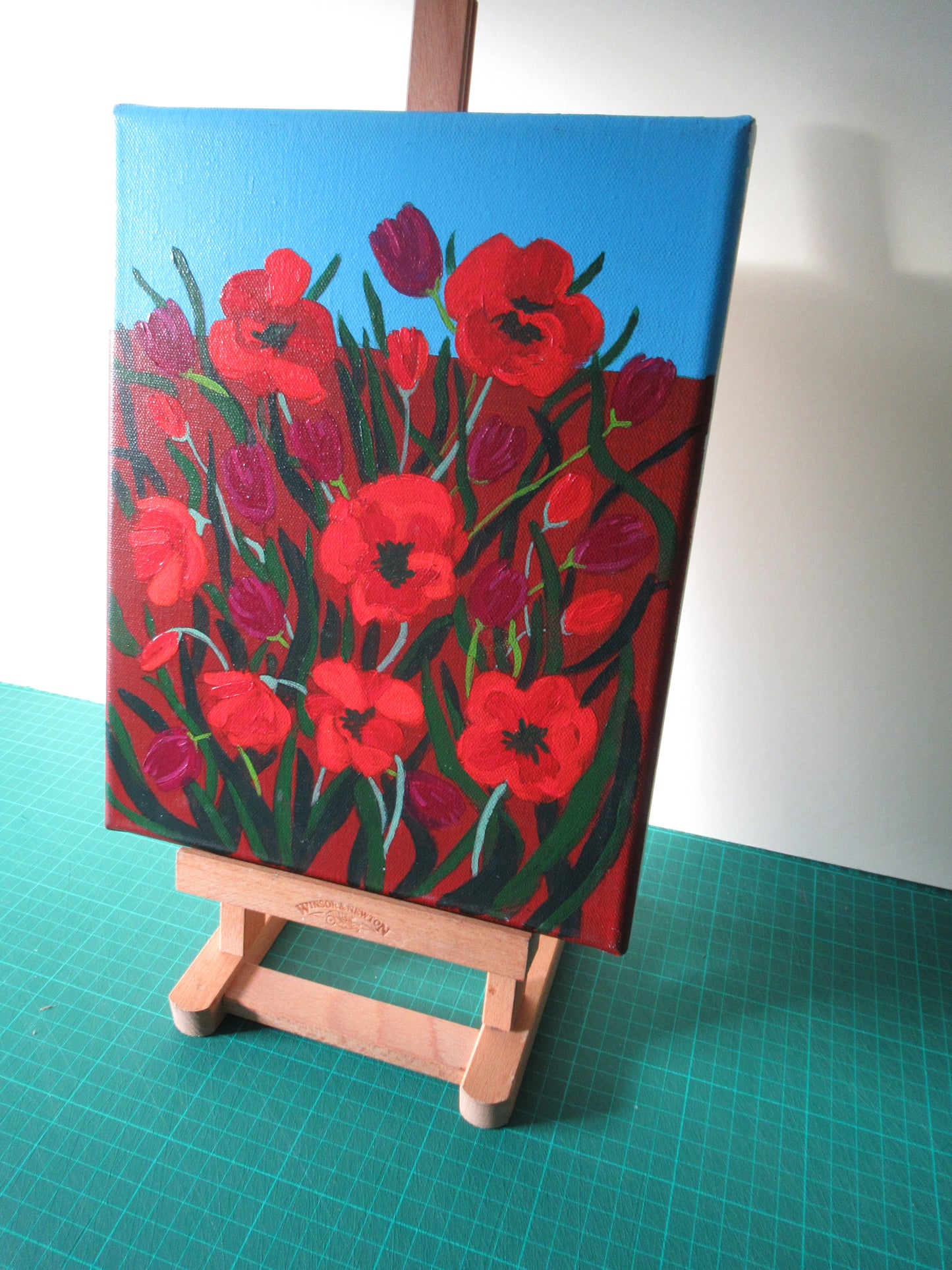 Flower Art. Tulips and Poppies. Field of Flowers. Poppies. Original Acrylic Painting. Eddie Mallon