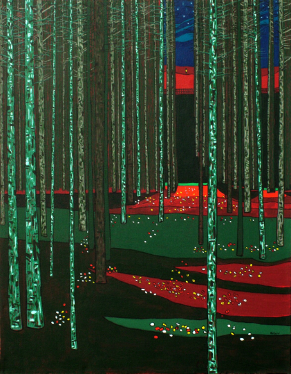 Forest Art. Pine Forest. Starry Night. Pine trees. Art Print. Mounted. Eddie Mallon.