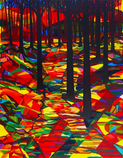 Cubist. The Forest Path. Magical Forest Art. Art Print. Mounted. Eddie Mallon.